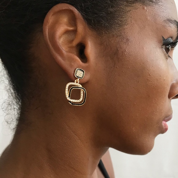 Gold-Tone Black Enamel Glass Stone Drop Earrings - Picture 12 of 13